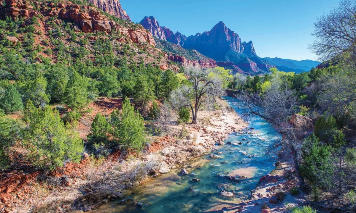 Scenic river flowing through Zion National Park canyon
