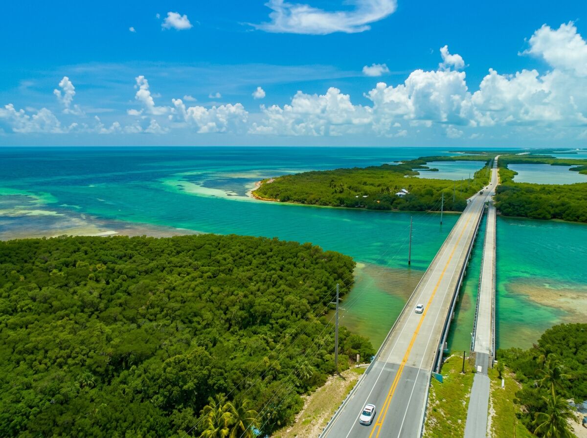 Aerial view of the Seven Mile Bridge crossing turquoise Florida Keys waters
