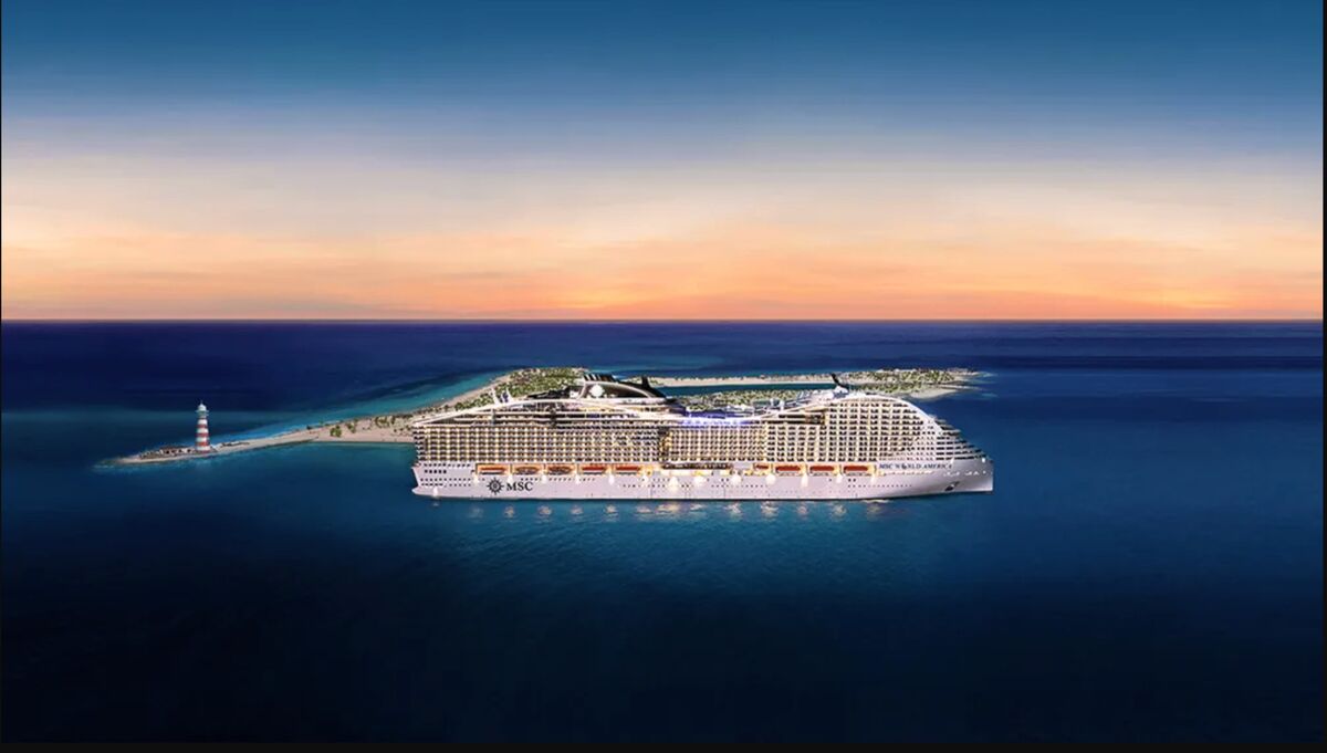 Cruise ship docked at port during golden sunset